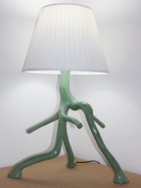 lamp on tripod green with white lampshade