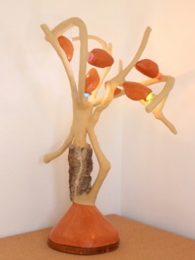 Lamp Silva with mussels lamps covered orange 960 ocher stucco on lime hemp base with little cork trunk