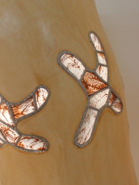 Zoom4 candeeiro Girafa com tronco de cortiça revestido de estuque de cal ocre claro com vitrais e pés em madeira de oliveira