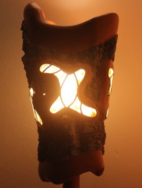 orange ocher lime stucco lamp with cork oak trunk lampshade decorated with stained glass