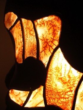 orange ocher lime stucco lamp with cork oak trunk lampshade decorated with stained glass