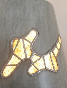 lamp gri gri 2 with conical lampshade with stained glass with beach sand the all in lime stucco ocher shadow olive