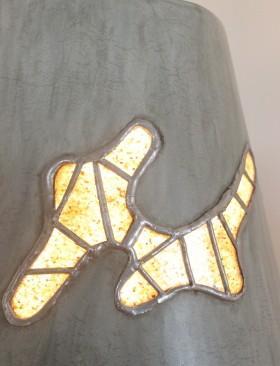lamp gri gri 2 with conical lampshade with stained glass with beach sand the all in lime stucco ocher shadow olive
